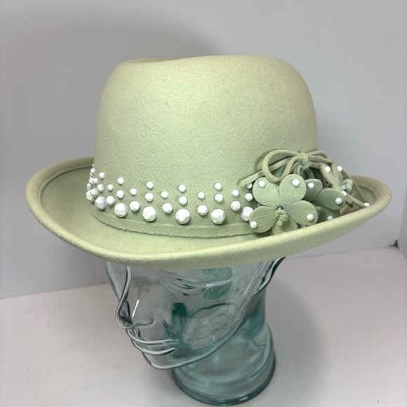 1960s Mr. John Jr. Blue and Green Wool Floral Hat - Etsy Mr John Classic 60’s 100% Wool Ladies Embellished Mint Green Hat Floral Appliqué